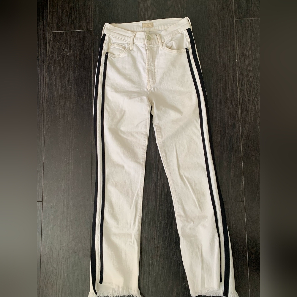 MOTHER Black and White Straight Leg Jeans with Sporty Stripes